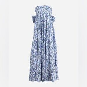 J. Crew Collection Blue and White Floral Strapless Bow Back Maxi Dress